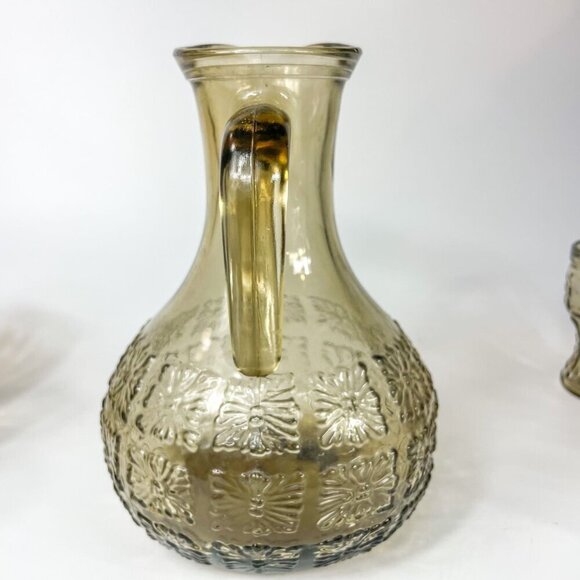 Vintage Italian Smoky Amber Glass Embossed Floral Design Pitcher 6 Tumblers Set - Picture 7 of 9